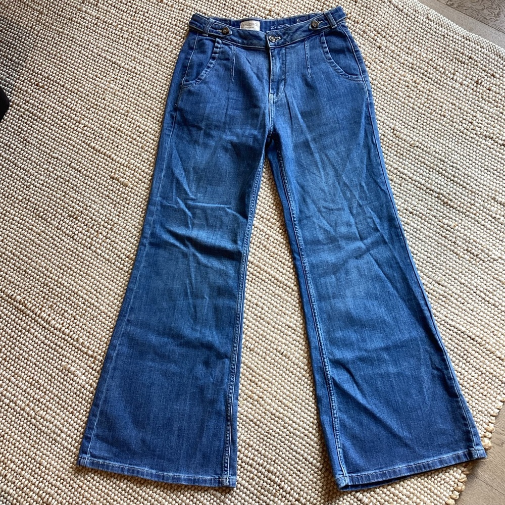 Pilcro Wide-Leg Flare Jeans in Medium Blue Denim
